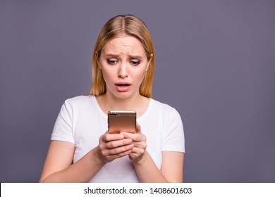 Portrait Of Disappointed Sad Upset Lady Terrified Horrified Impressed Astonished News Novelty Search Read Reaction Scream Shout Oh No! Wear T-shirt Youth Modern Isolated Grey Background