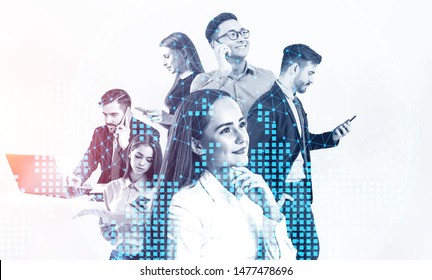 Portrait Of Diverse Business People Working With Gadgets With Double Exposure Of World Map Hologram. Concept Of International Business And Technology. Toned Image