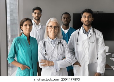 Portrait of diverse group of experienced and younger medical professionals doctors stands confidently, exuding professionalism and unity, looking at camera, providing high-quality healthcare services - Powered by Shutterstock