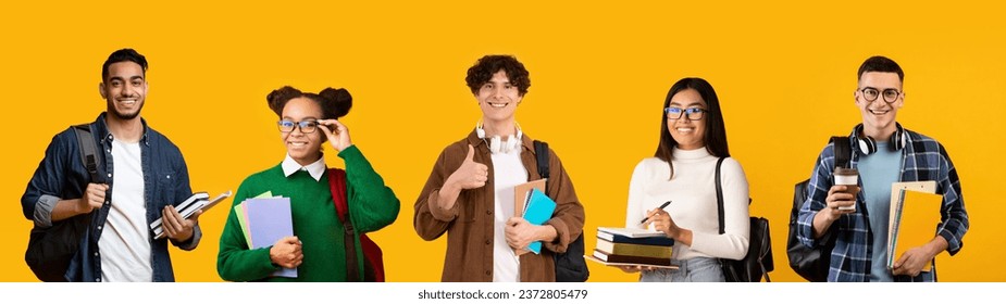 Portrait of diverse multiethnic students wearing backpacks posing over yellow studio background, different smiling young men and women with workbooks standing over bright backdrop, collage