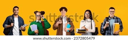 Portrait of diverse multiethnic students wearing backpacks posing over yellow studio background, different smiling young men and women with workbooks standing over bright backdrop, collage