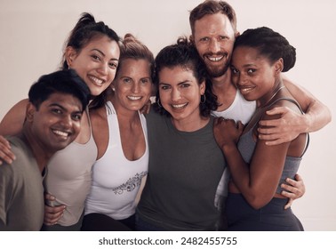 Portrait, diversity and group of people in yoga class with about us, support and teamwork for social media. Students, friends and happiness for training, wellness and bonding for post, network or app - Powered by Shutterstock