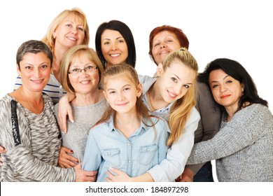 Portrait of a diversity Mixed Age and Multi-generation Family embracing and standing together. Isolated on white background.