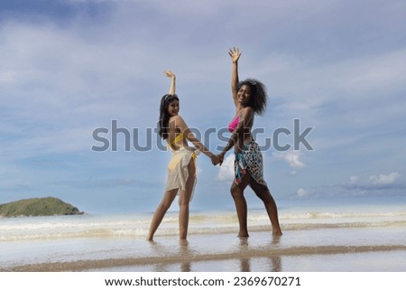portrait diversity tourist woman with bikini post on tropical beach