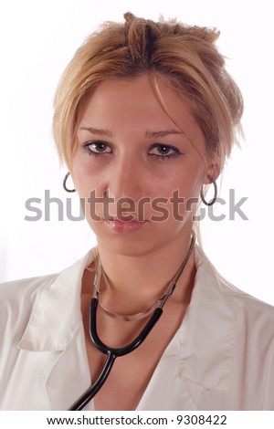 Portrait doctor female with stethoscope on white
