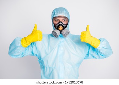 Portrait Of Doctor Man Approve Covid19 Epidemic Protection Show Thumb Up Sign Wear White Hazmat Uniform Breathing Mask Isolated Over Gray Color Background