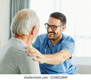 Portrait of a doctor or nurse caregiver supporting senior man, hand on the shoulder care and hug at home or nursing home - Powered by Shutterstock