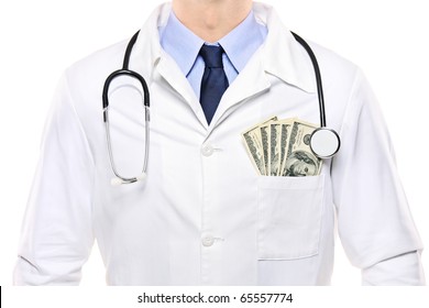 A portrait of a doctor with  US dollars in his pocket isolated on white background