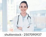 Portrait, doctor or woman in healthcare with arms crossed, wellness and trust for surgery appointment in clinic. Career, female cardiologist and pride in hospital for checkup, consulting and medical