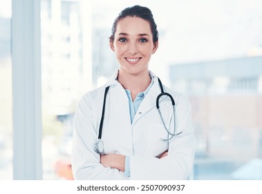 Portrait, doctor or woman in healthcare with arms crossed, wellness and trust for surgery appointment in clinic. Career, female cardiologist and pride in hospital for checkup, consulting and medical - Powered by Shutterstock