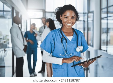 Portrait, doctor and woman with tablet in hospital healthcare, Telehealth and research for diagnosis prescription. Smile, female medical and digital, online consultation and review patient results - Powered by Shutterstock