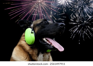 Portrait of a dog wearing noise canceling  headset in front of a black background with fireworks. Concept New Year and animals afraid of fireworks.