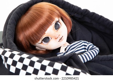 Portrait Doll Girl In A Black Fashion Child Checkered Sweat Cap