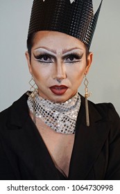 Portrait Of Drag Queen In Black With A Black Crown, Man Dressed As Woman