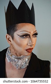 Portrait Of Drag Queen In Black With A Crown, Man Dressed As Woman