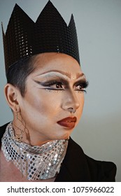 Portrait Of Drag Queen In Black Suit Anf Crown, Man Dressed As A Woman