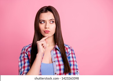 Portrait of dream dreamy nice pretty cute lady youth people touch chin thought choose decide solve problems dilemmas wear fashionable outfit isolated pink background