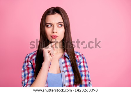 Portrait of dream dreamy nice pretty cute lady youth people touch chin thought choose decide solve problems dilemmas wear fashionable outfit isolated pink background