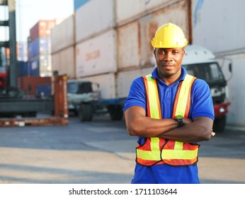 Portrait Driver African American Engineer Men Arm Cross Smile Good Day In Transportation Factory Truck Drive Container.