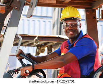 Portrait Driver African American Engineer Men Smile Good Day In Transportation Factory Truck Drive Container.