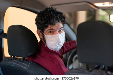 Portrait Of Driver Wearing Medical Mask.