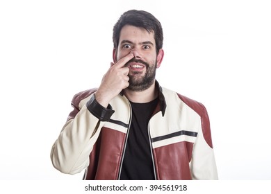 Portrait Of Eccentric Crazy Man Pulling His Hair And Making Funny Gestures