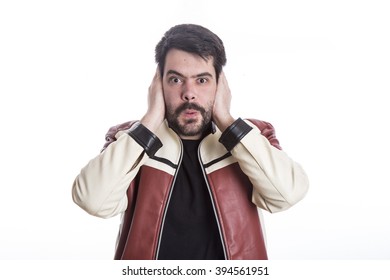 Portrait Of Eccentric Crazy Man Pulling His Hair And Making Funny Gestures