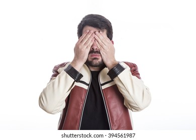 Portrait Of Eccentric Crazy Man Pulling His Hair And Making Funny Gestures