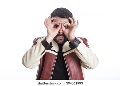 Portrait Of Eccentric Crazy Man Pulling His Hair And Making Funny Gestures