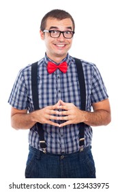 Portrait Of Ecstatic Happy Nerd Man, Isolated On White Background.