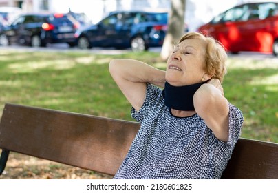 Portrait Elderly Caucasian Woman With A Neck Brace.