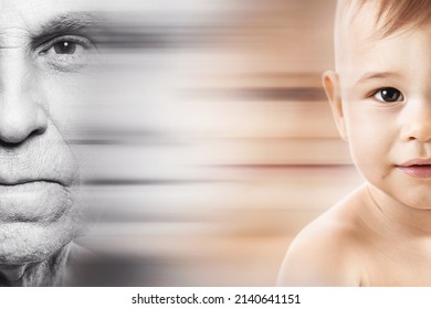 Portrait of elderly man and baby boy. Concept of rebirth and cycle of life.
