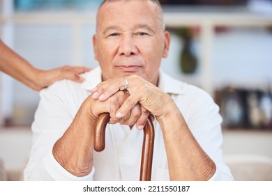 Portrait Of Elderly Man With Walking Stick, Serious And Sitting Thinking, Memories At Retirement Home. Grandpa With Wooden Cane, Senior Care For Disability And Nostalgia, A Lonely Expression On Face.
