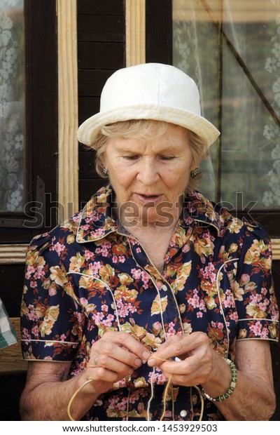 Portrait Elderly Woman Hat Knitting Needles Stock Photo Edit Now