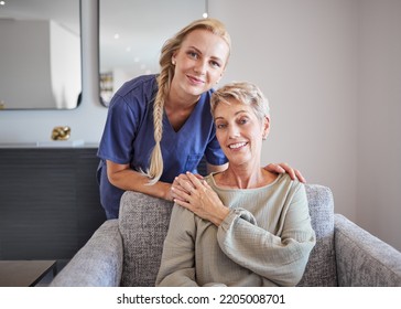 Portrait Of Elderly Woman With A Nurse, Bonding During Checkup At Assisted Living Home. Smile, Support And Happy Mature Patient Relax And Enjoy Time With A Loving, Kind Healthcare Worker On A Sofa