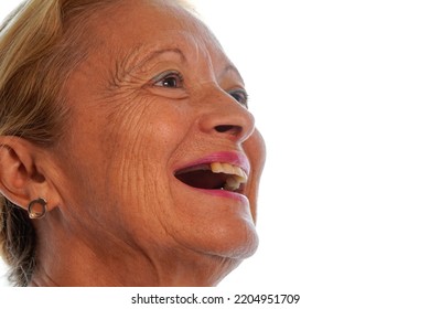 Portrait Of Elderly Woman In Profile Showing That She Has Missing Teeth. Tooth Problem