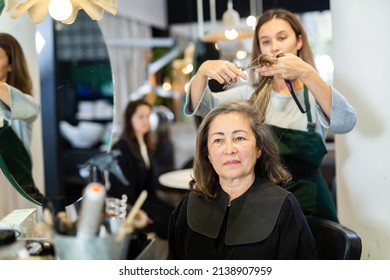 Portrait Of Elderly Woman Visiting Professional Hair Salon. Skilled Hairdresser Cutting Hair Of Female Client With Scissors.