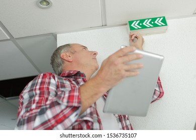 Portrait Of Electrician On Stepladder