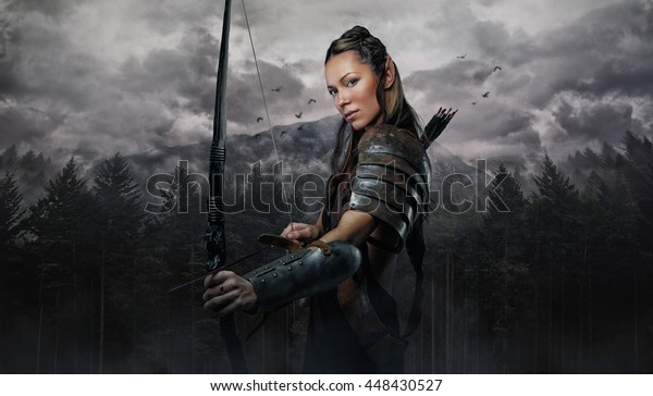 Portrait of elf woman with bowl over wildness\
nature background.