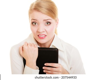 Portrait Of Emotional Afraid Businesswoman Shy Woman Isolated On White. First Day In New Job Or Stress In Work.