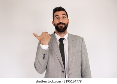 Portrait Of Emotional Bearded Man. Male In Suit Gesturing, Making Funny Face. Portrait, Emotion Concept