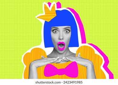 Portrait of emotional funny girl collage princess girl with crown showing her impressed reaction isolated over green color background