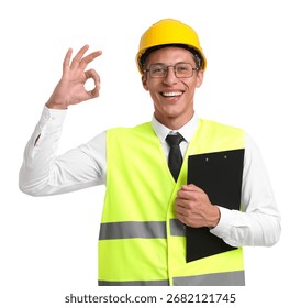 Portrait of engineer in hard hat and reflective vest with clipboard showing ok gesture on white background