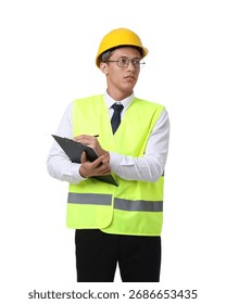 Portrait of engineer in hard hat and reflective vest with clipboard on white background