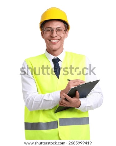 Portrait of engineer in hard hat and reflective vest with clipboard on white background