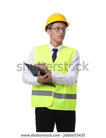 Portrait of engineer in hard hat and reflective vest with clipboard on white background