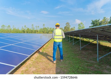 Portrait Of Engineer Man Or Worker, People, With Solar Panels Or Solar Cells On The Roof In Farm. Power Plant With Green Field, Renewable Energy Source In Thailand. Eco Technology For Electric Power.