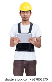 Portrait engineer with touchscreen tablet device in business isolated on white background