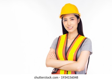 Portrait Engineer Woman Crossed Arm, Wear Reflective Vest. Worker Female Look Smart With Confident. Young Asian Engineer Female Get Successful Of Business. Isolated On White Background, Copy Space