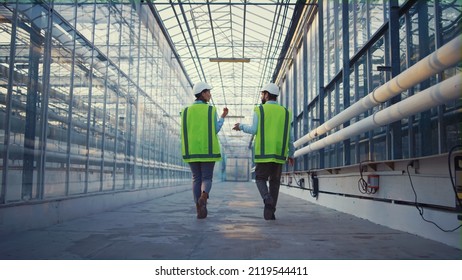 Portrait Engineers Walking In Factory Checking Safety Discussing Production. Professional Manufacture Workers Examining Glasshouse Wearing Green Reflective Uniform. Horticulture Industry Job Concept